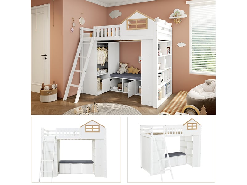 Lit mezzanine enfant 90 x 200 cm blanc et naturel avec armoire, étagères et banquette de rangement - Conforama C