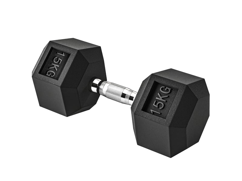  Haltère hexagonale de 15 kg avec barre de connexion en métal pour l'entraînement à domicile ou au bureau, noir et argent  - Conforama A