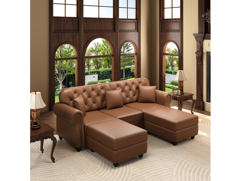  Canapé chesterfield 3 places avec 2 repose-pieds marron evryae  - Conforama B