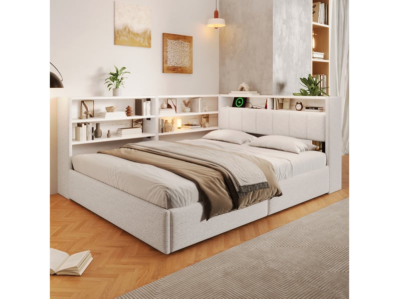  Lit banquette coffre rembourré 140x200 cm, rangement hydraulique, meuble latéral réversible, led rgb, usb et usb-c, velours blanc Radiant Stride - Conforama D