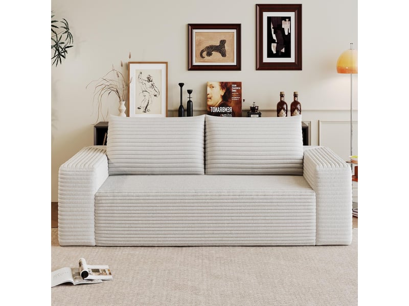  Canapé 3 places - 180x90x83cm - canapé droit en velours côtelé avec assise profonde &amp; structure mousse - blanc  - Conforama C