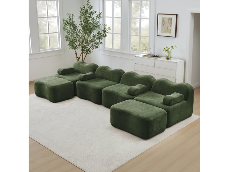  Canapé modulaire 4 places en u avec 2 poufs en velours vert  - Conforama C