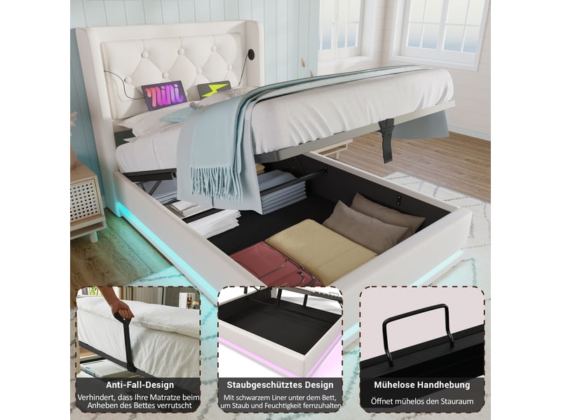  Lit coffre hydraulique 90x200 - lit simple avec fonction de chargement usb type-c et led - pu - sans matelas - blanc  - Conforama D