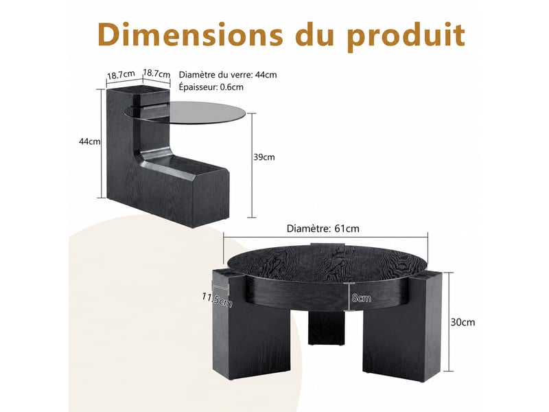  Set de tables basses gigognes rondes – mdf noir aspect bois et verre gris – ø 61 cm ø 44 cm  - Conforama D