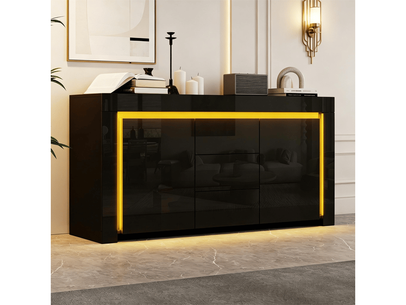 Buffet noir brillant avec éclairage led, 140 cm, 2 portes et 3 tiroirs, meuble de rangement en mdf pour salon, couloir ou bureau  - Conforama D