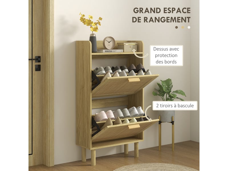  Meuble à chaussures 2 portes abattants étagère effet rotin tissé design bohème - dim. 80l x 24,5l x 110h cm  - Conforama E