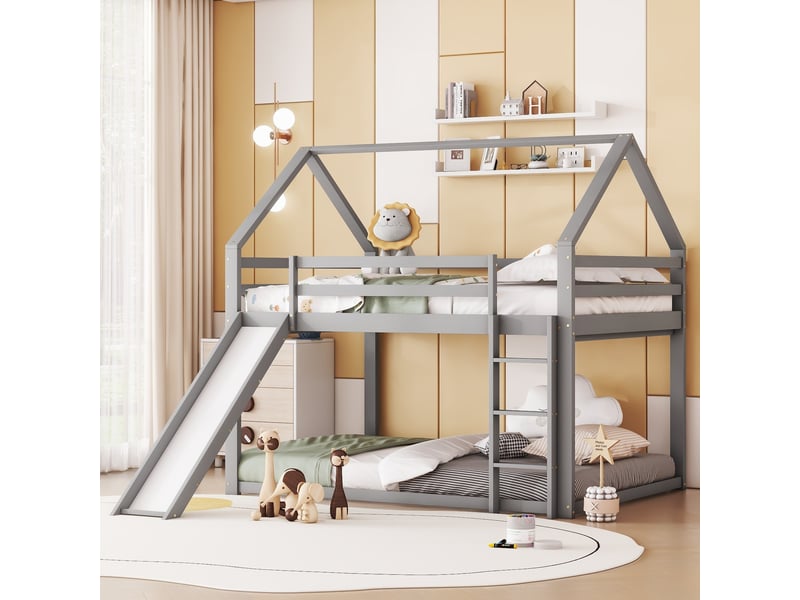 Lit superposé cabane avec toboggan, lit enfant double 140x200 gris en bois massif, avec échelle et sommier à lattes inclus. - Conforama R