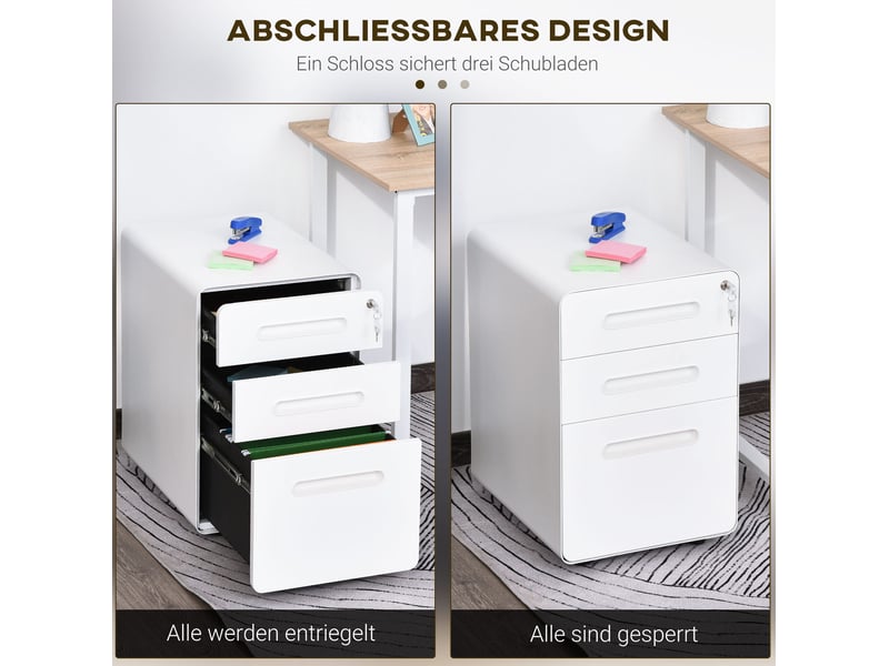  Rollcontainer bureau 39x48x59 cm – blanc – 3 tiroirs verrouillables sur roulettes en acier pour documents a4  - Conforama E