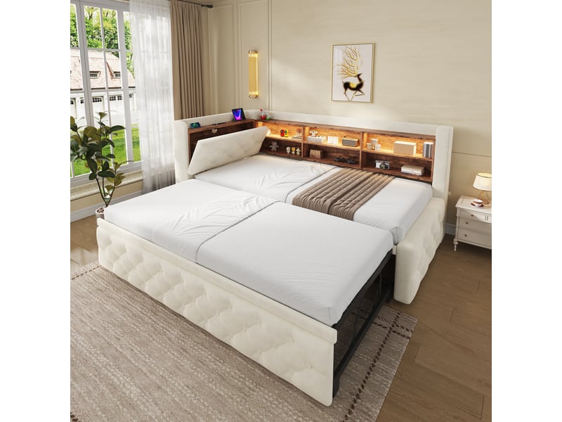  Lit banquette 90x190 cm, led, usb-c, canapé-lit extensible, accoudoir coffre, tête de lit étagère, sommier, velours, beige Seren Glow - Conforama B