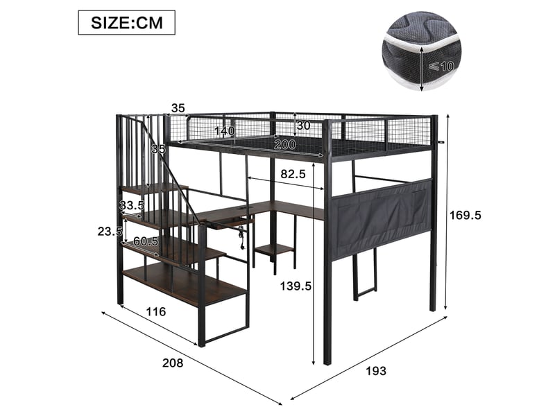 Lit mezzanine 140x200 cm avec bureau d’angle, escalier et chargeur noir - Conforama C
