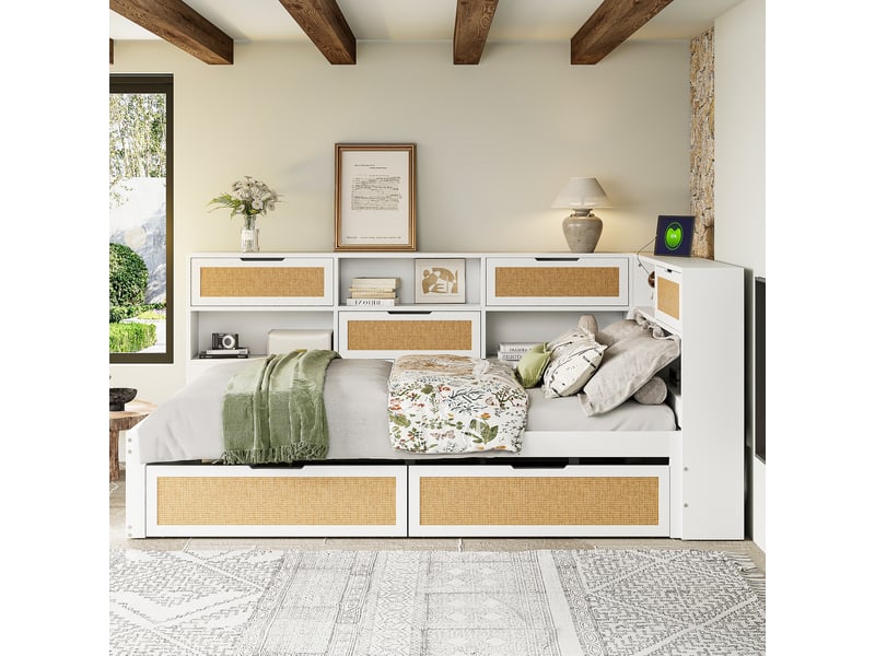  Canapé-lit en bois 140*200 avec tiroirs, rangements et port de charge, lit enfant blanc multifonctionnel  - Conforama D