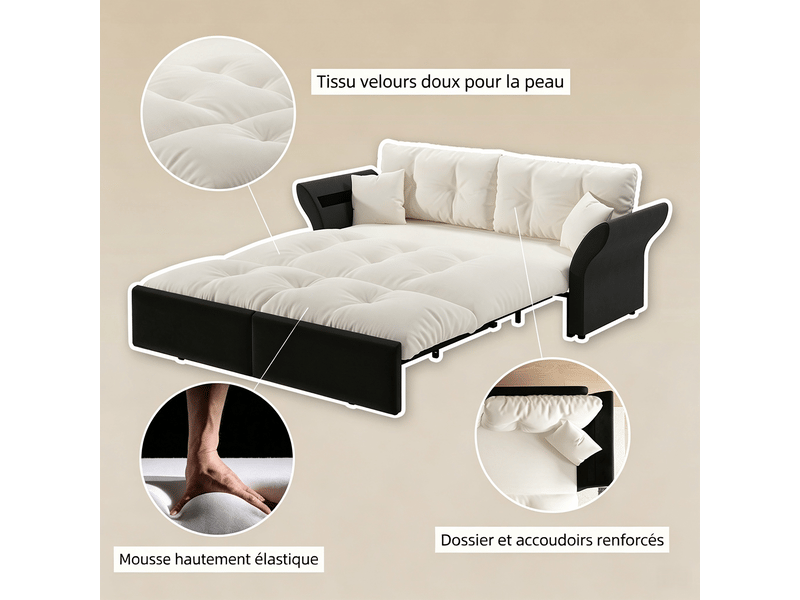  Canapé-lit 3 en 1 190 cm en velours beige avec lit gigogne et 2 coussins pour salon IKSETERA TRADING LTD - Conforama D