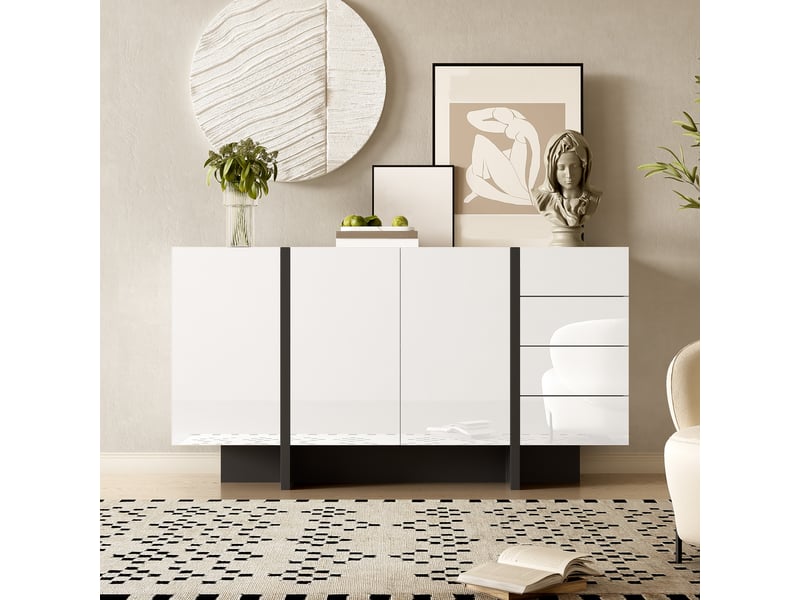  Buffet blanc laqué brillant, style moderne, 2 portes et 4 tiroirs, facile à nettoyer  - Conforama B
