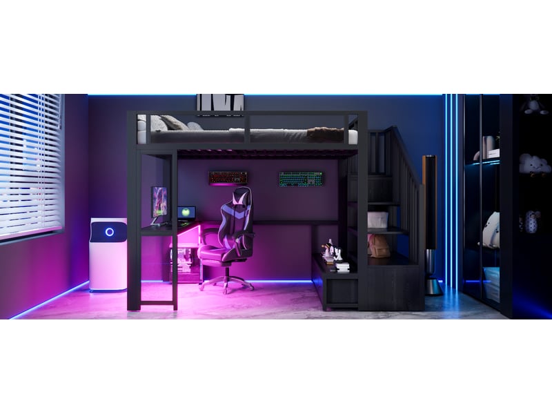  Lit mezzanine enfant 140×200 cm avec bureau, 3 tiroirs, usb et led - okmyhome- noir, sans matelas  - Conforama E
