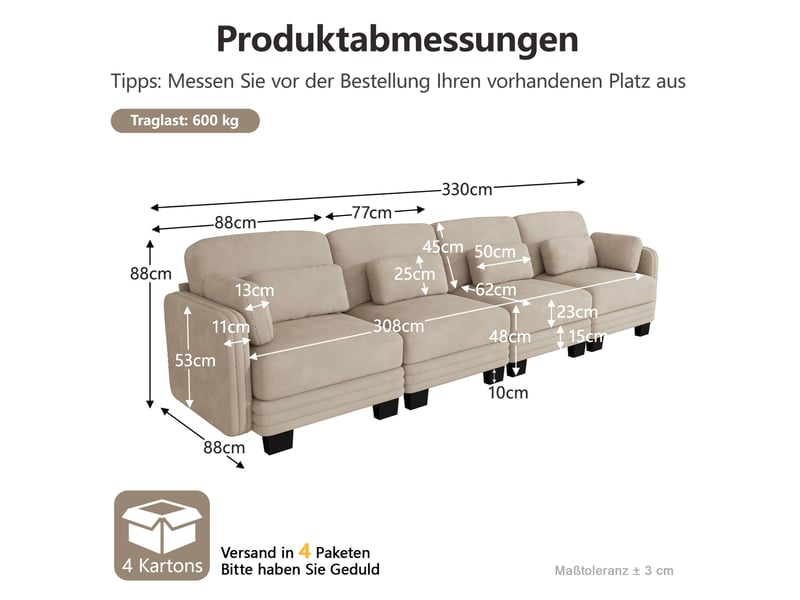  Canapé droit modulaire 4 places 330x88x88 cm, coussins lombaires, accoudoirs , design ergonomique, chenille café clair  - Conforama C
