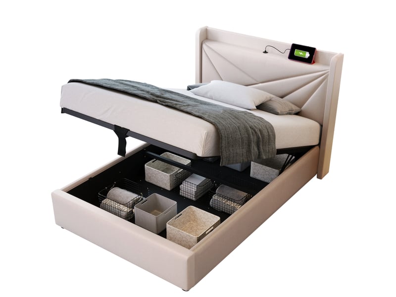 Lit coffre adulte 90x200 cm – beige – tête de lit avec ports usb et usb-c, sommier à lattes inclus - Conforama A