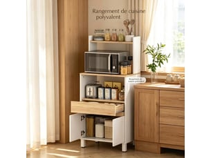 Buffet de cuisine blanc 60 cm avec tiroir, portes et étagères ouvertes, meuble micro-ondes