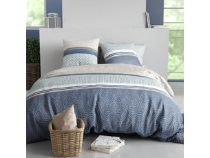 Parure housse de couette 240x220cm + 2 taies motif graphique bleu et taupe 100% coton - solia