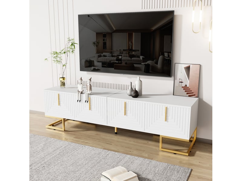  Meuble tv bas 170 cm blanc, 4 portes texturées, poignées et pieds dorés  - Conforama B