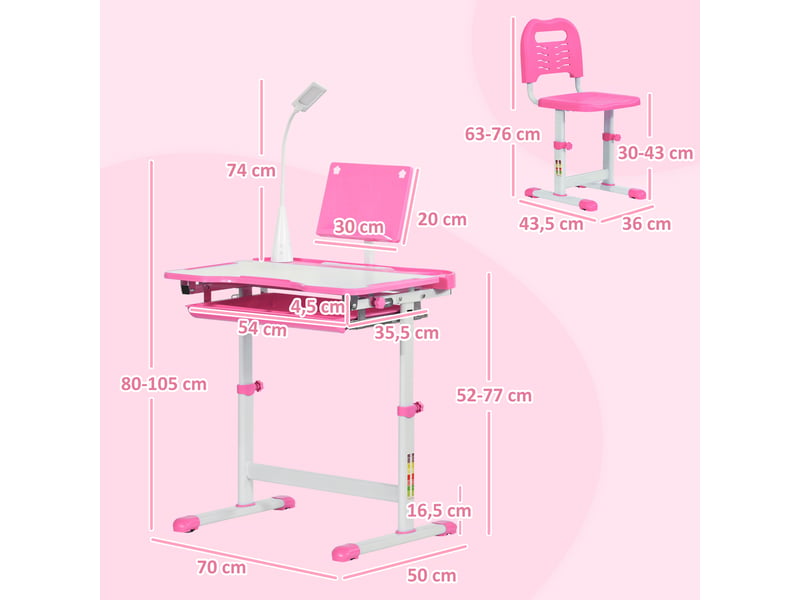  Ensemble chaise et bureau pour enfants avec lampe led hauteur réglable support de lecture rose plateau incliné  - Conforama C
