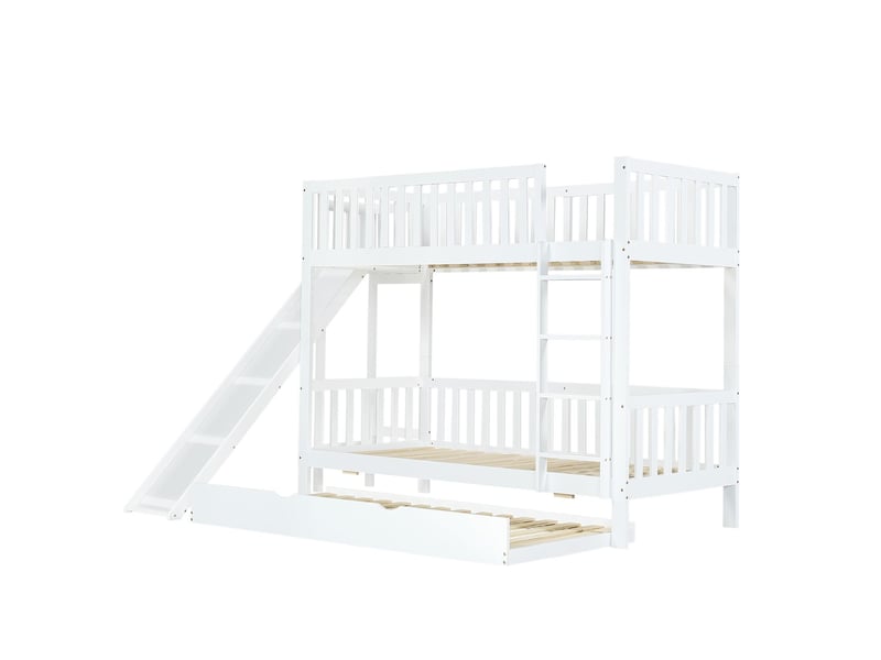 Lit superposé enfant 90x200 cm avec toboggan et lit gigogne, lit superposé en bois massif blanc avec étagères de rangement 3 lits - Conforama A