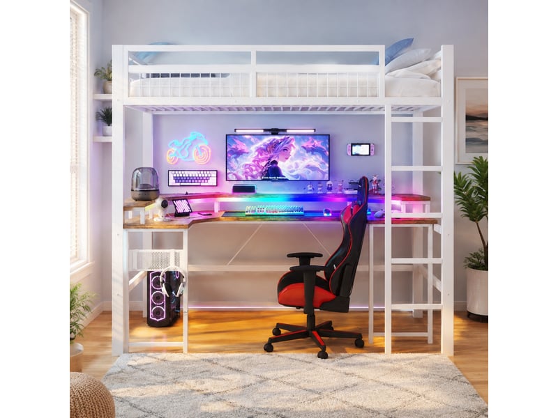  Lit mezzanine 90x200 cm avec bureau et led multicolore en métal et mdf blanc  - Conforama D