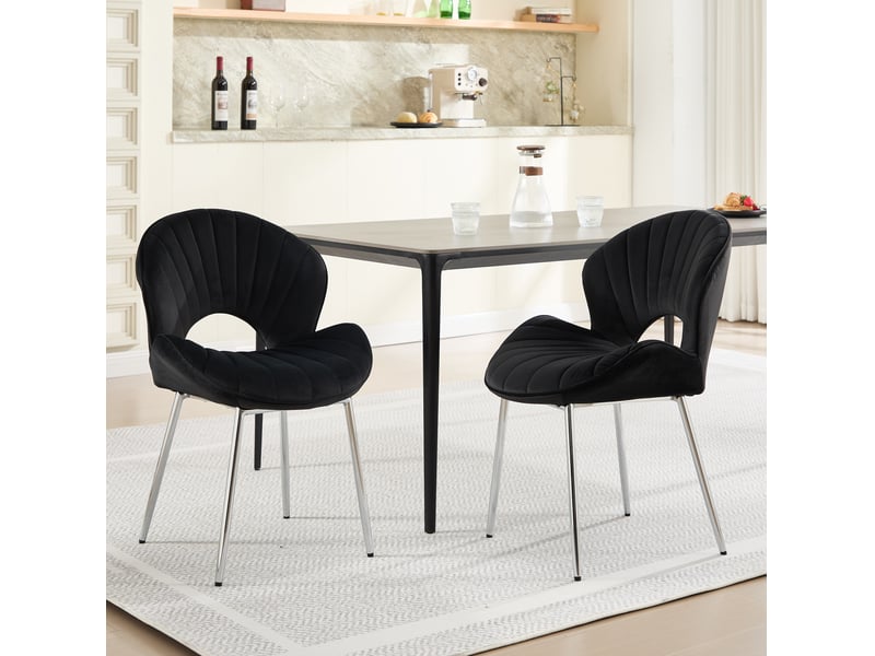  Lot de 2 chaises de salle à manger en velours noir, pieds métalliques argentés, sans accoudoirs  - Conforama B