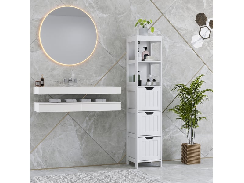  Meuble de salle de bain, 2 étagères, 3 tiroirs, matériau hydrofuge, blanc  - Conforama C