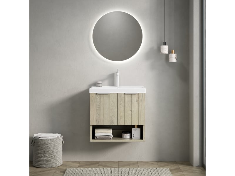  Meuble sous vasque mural avec 2 portes et étagère ouverte, vasque en céramique, salle de bain, 62×39×61 cm  - Conforama B
