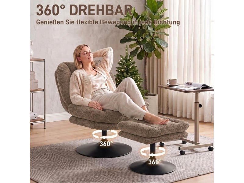  Fauteuil pivotant 360° avec repose-pieds réglable 92x72x90 cm velours marron  - Conforama E