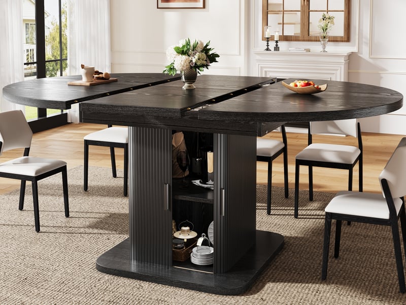  Table de salle à manger extensible avec espace de rangement (110–149,8 cm), portes coulissantes et étagère amovible, noir  - Conforama B