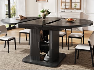 Table de salle à manger extensible avec espace de rangement (110–149,8 cm), portes coulissantes et étagère amovible, noir