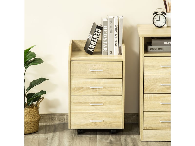  Caisson de bureau rangement sur roulettes 4 tiroirs coulissants mdf et panneaux de particules dim. 40l x 36l x 65h cm naturel  - Conforama D