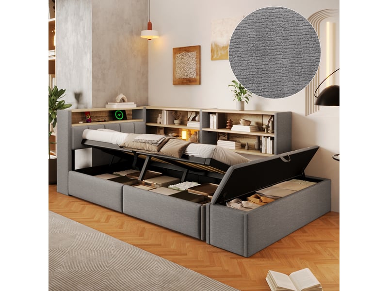  Lit banquette 90 x 200 cm, coffre hydraulique, prise électrique, rangement latéral réversible, port usb, bande led, velours, gris Seren Glow - Conforama E