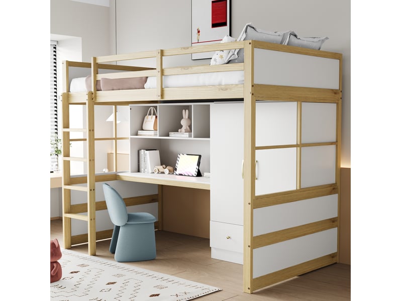  Lit mezzanine 90x200 cm, échelle, bureau avec rangement, armoire + tiroirs, bois, blanc et naturel, sans matelas  - Conforama D