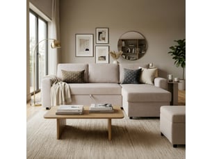 Canapé d'angle convertible et réversible avec coffre en tissu beige