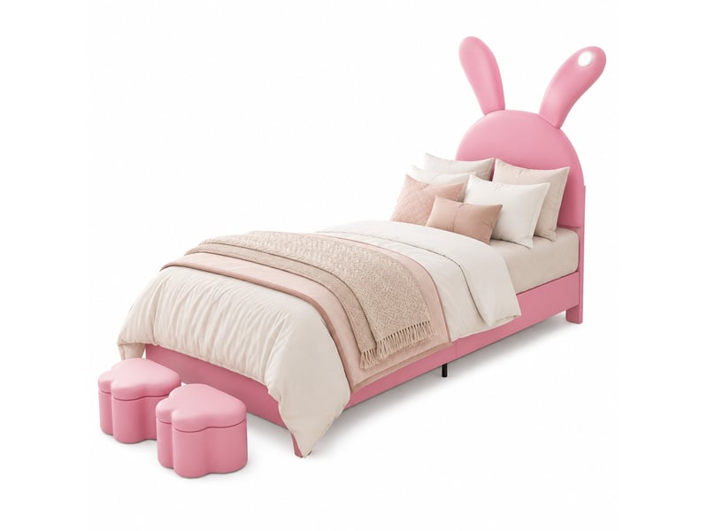  Lit simple enfant 200×90 cm avec 2 bancs de rangement, éclairage led et oreilles de lapin rabattables, en velours rose  - Conforama A