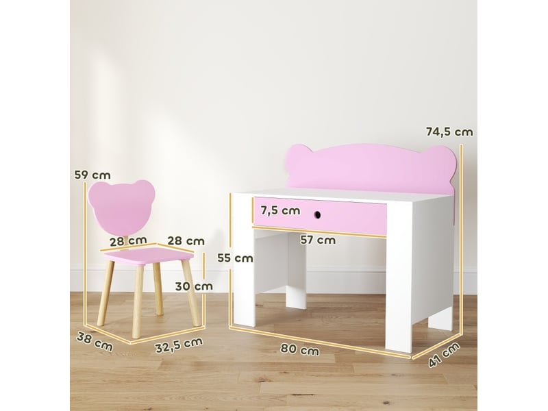  Bureau enfant avec chaise 80 x 41 x 74,5 cm rose en bois, tiroir et dossier ours, pour enfants de 3 à 8 ans  - Conforama C