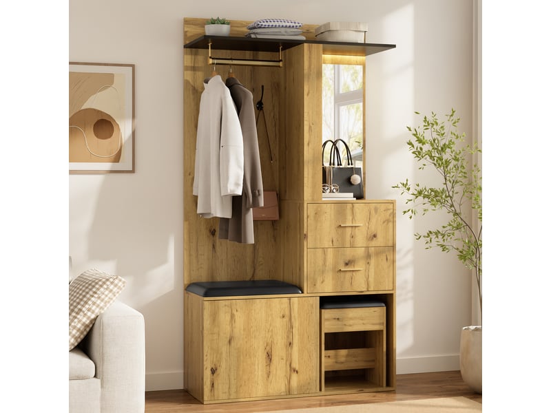  Vestiaire d'entrée avec miroir banc led et tiroirs mdf naturel et noir 100x40x172,5 cm  - Conforama D