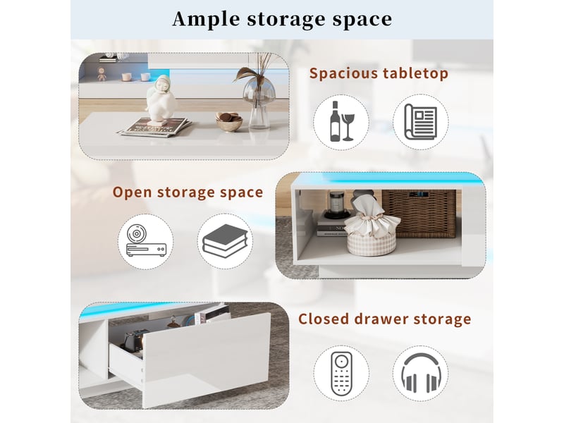 Ensemble meuble tv et table basse blanc brillant, éclairage led bluetooth, meuble 181 cm pour téléviseur jusqu’à 80 pouces  - Conforama E