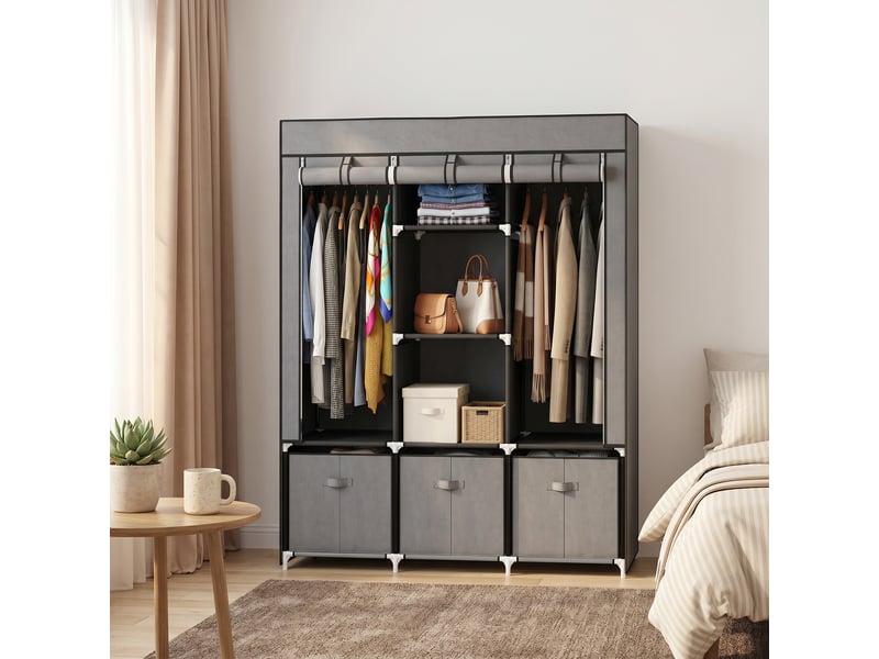  Armoire en tissu avec 2 penderies, 5 étagères ouvertes, 3 tiroirs, fermeture éclair, structure en acier, 125 x 43 x 162,5 cm, grise  - Conforama C