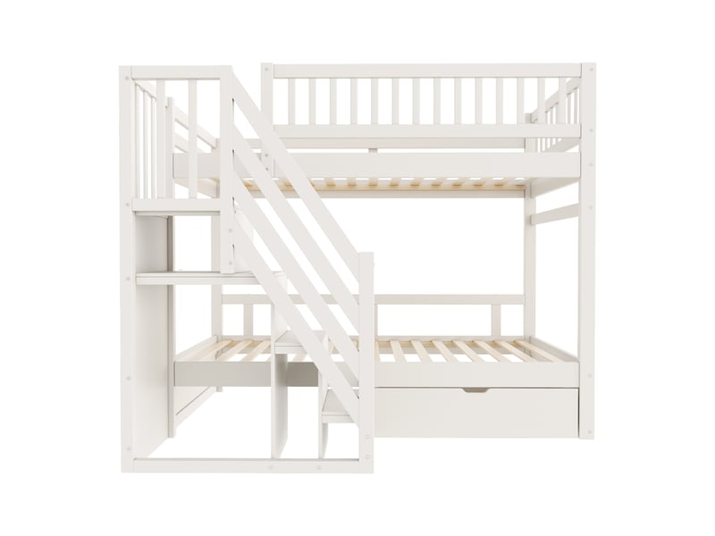  Lit superposé en bois massif 90*200 cm, blanc, échelle avec rangement, tiroirs et garde-corps élevé pour enfants  - Conforama A