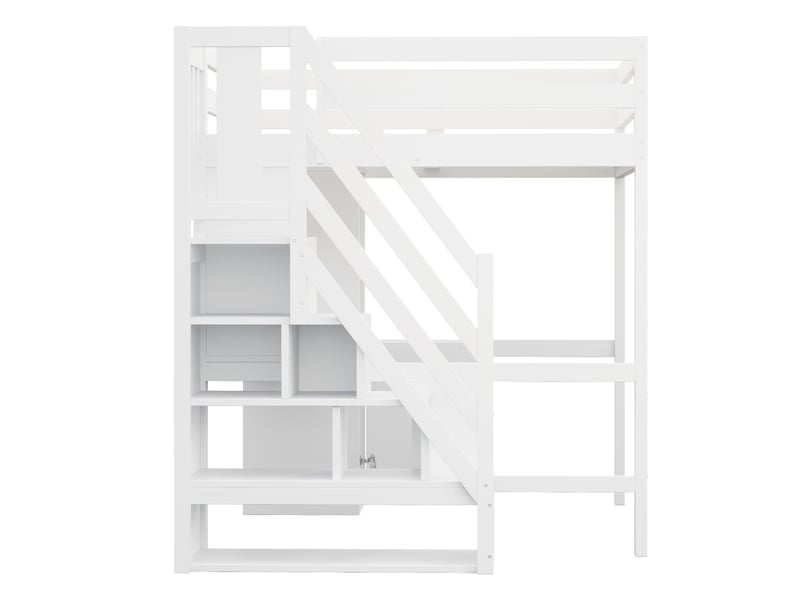 Lit mezzanine 140x200 blanc, bureau intégré, escalier avec rangements et éclairage led - Conforama W