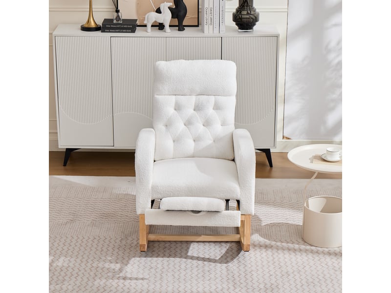 Fauteuil d'allaitement à bascule en bouclette blanc avec repose-pieds, chaise relax scandinave chambre bébé - Conforama C