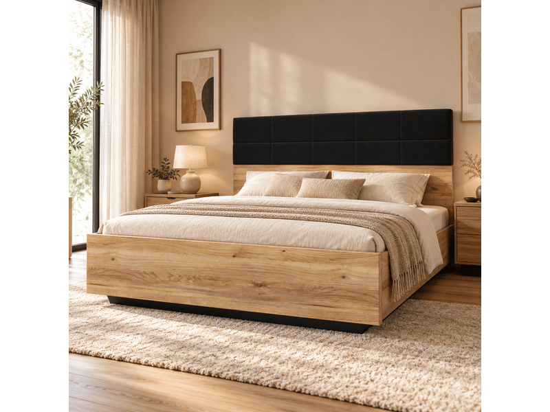  Lit coffre 160x200 avec sommier et tête de lit rembourée coloris chêne mauvella chêne tegola  - Conforama C
