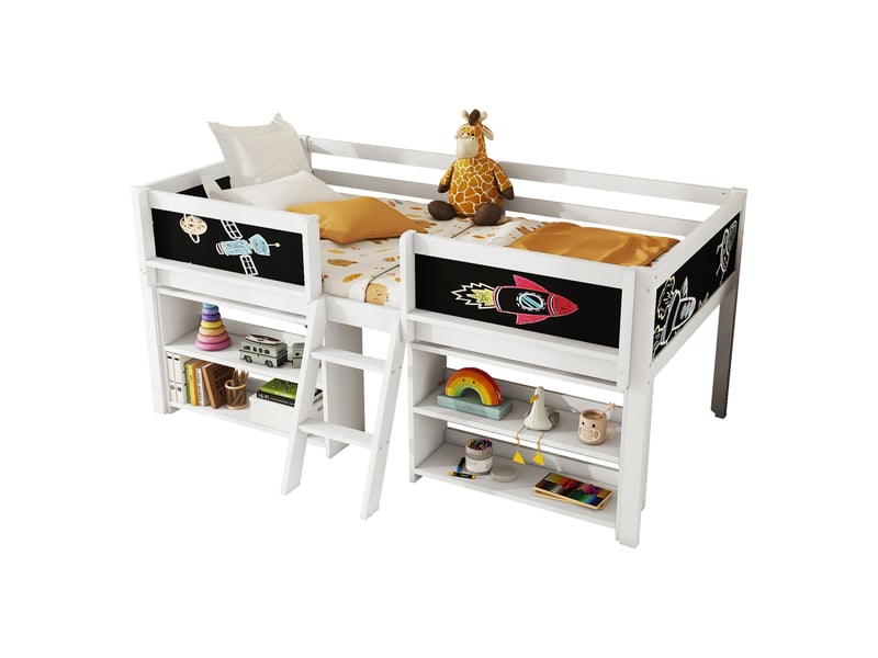  Lit simple 90×200 cm avec plusieurs étagères de rangement, lit enfant avec balustrade et échelle, cadre de lit en bois de pin, blanc  - Conforama B