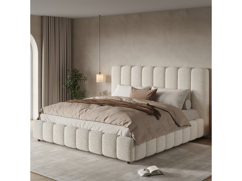  Lit double 180×200 cm tête de lit rembourrée, pieds en bois massif  - sans matelas, tissu bouclé blanc  - Conforama C
