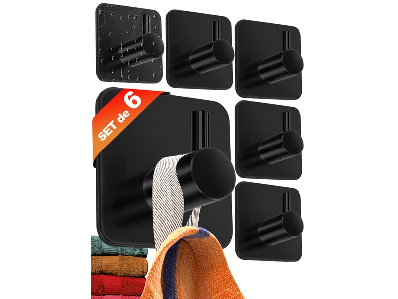 Crochet adhésif mural noir 6 pièces - porte serviette salle de bain, accroche torchon cuisine, portemanteau autocollant acier inox - Conforama A