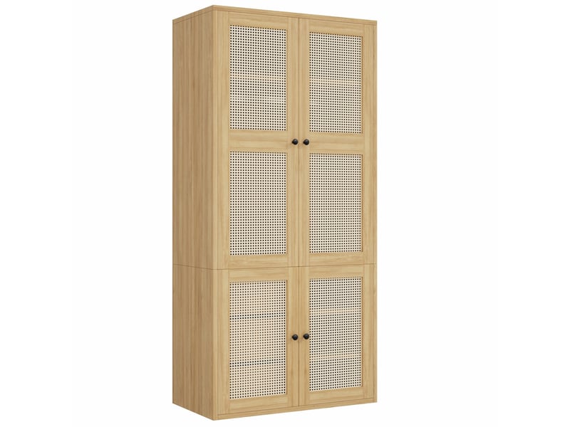  Armoire 90x47x200 cm à portes battantes, portes en rotin, 1 barre de penderie, 3 tiroirs, mdf, bois clair, dressing  - Conforama A