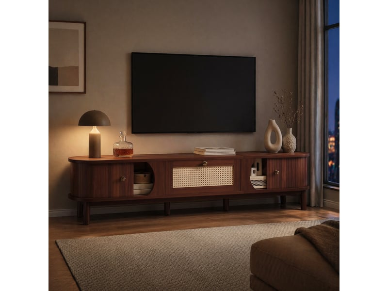  Meuble tv avec portes coulissantes et tiroirs en rotin pour salon 170×39,5×38 cm naturel  - Conforama B